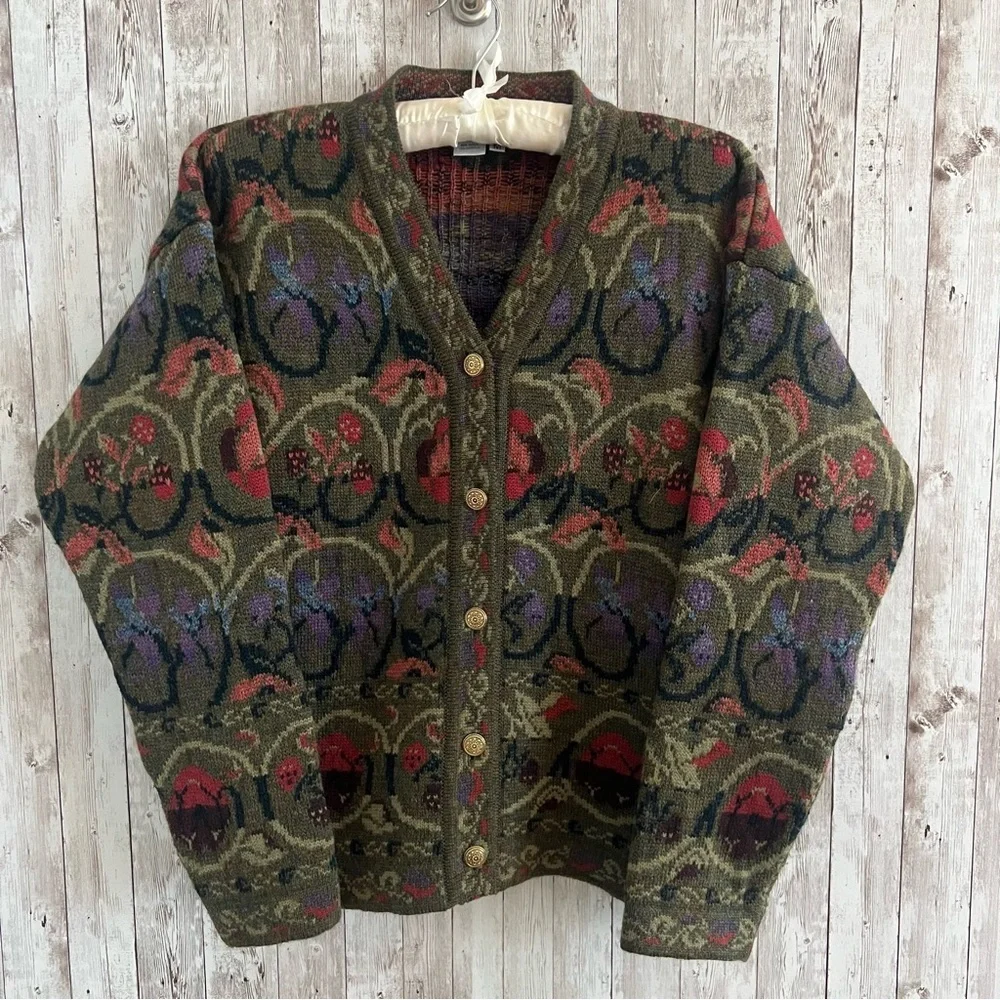 Cherry Lewis Wool Elegant Floral Knit Cardigan Multicolor Womens Medium - Picture 1 of 4